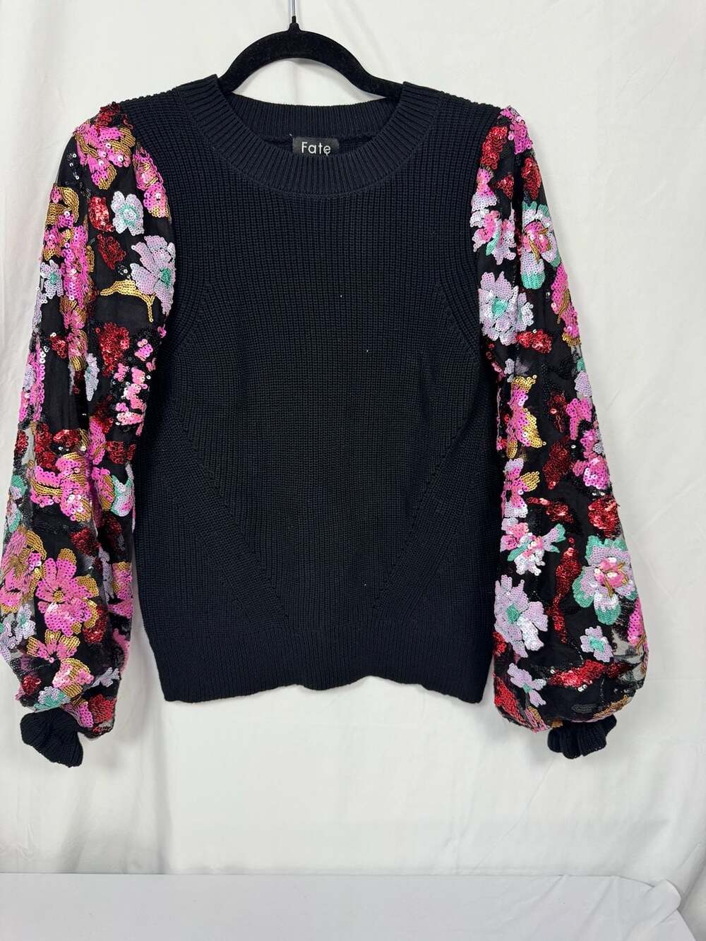 Fate Floral Sequin Mesh Balloon Sleeve Knit Sweater NWT - Picture 1 of 9